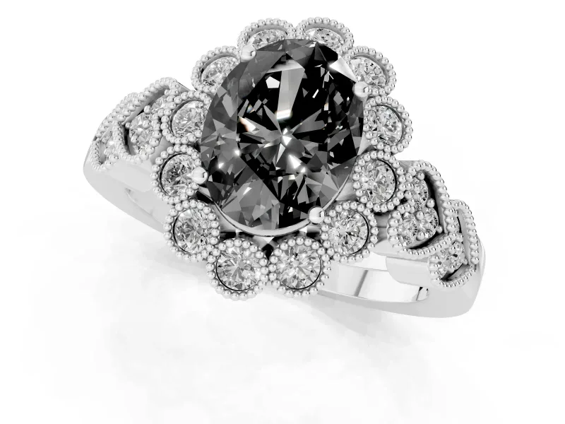 Oval Scalloped Halo Engagement Ring Setting for a Black Center | Heart Pavé Band | Sterling Silver