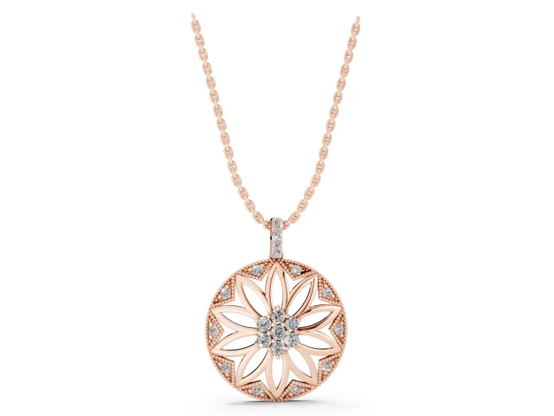 Round Lab-Grown Diamond Cluster Flower Pendant Necklace | Milgrain Frame | Rose Gold