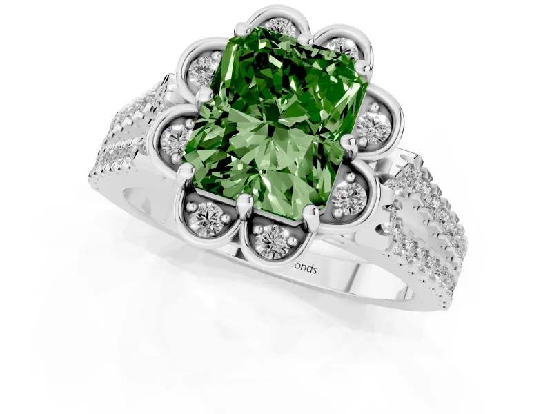 Radiant Cut Floral Halo Engagement Ring Setting for a Fancy Green Lab-Grown Diamond | Pavé Split Shank | Platinum