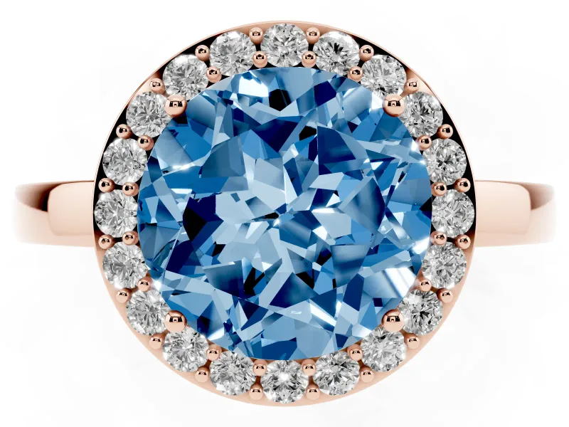 Fancy Blue Round Cut Diamond Halo Ring Set in Rose gold with Solitaire Band and Prong Setting