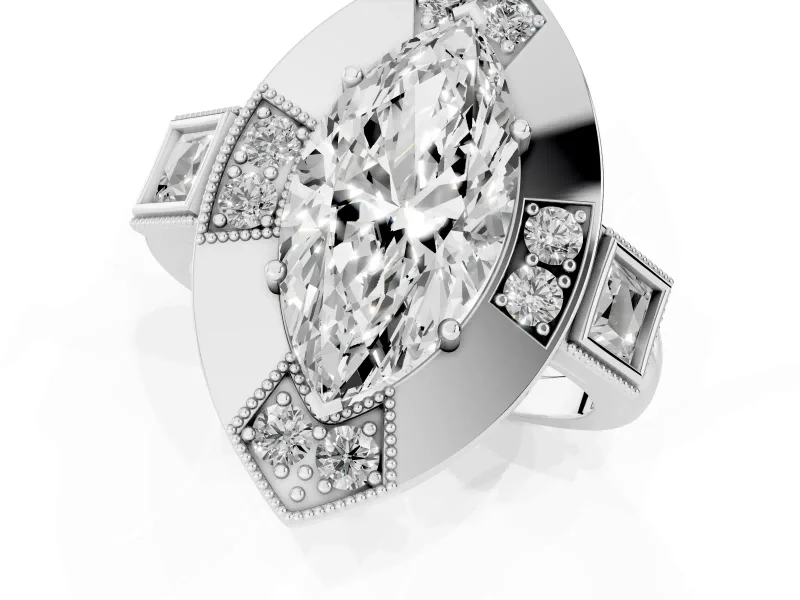 Marquise Cut Diamond Milgrain Halo Ring Set in White gold with Split Shank