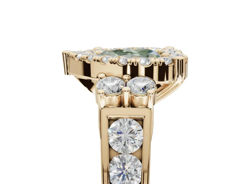Heart-Shaped Halo Engagement Ring Setting for a Fancy Green Lab-Grown Diamond | Graduated Channel Band | Yellow Gold