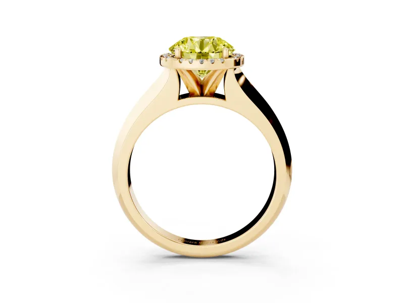 Fancy Yellow Round Cut Diamond Halo Ring Set in Yellow gold with Cathedral Band and Prong Setting