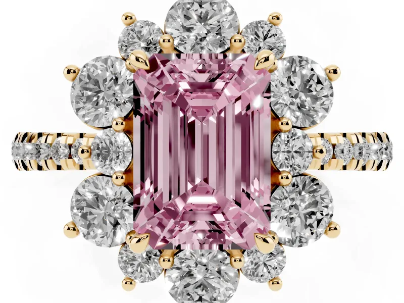 Fancy Pink Emerald Cut Diamond Floral Halo Ring Set in Yellow gold with Round Pavé Band and Prong Setting