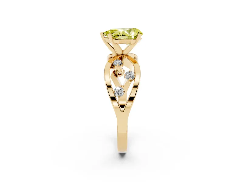 Fancy Yellow Pear Cut Diamond Solitaire Ring Set in Yellow gold with Side Stones on Criss-Cross Band and Prong Setting