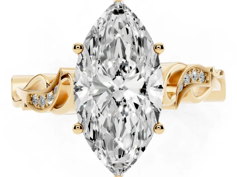 Marquise Vintage Vine Solitaire Engagement Ring Setting | Milgrain Leaves | Yellow Gold