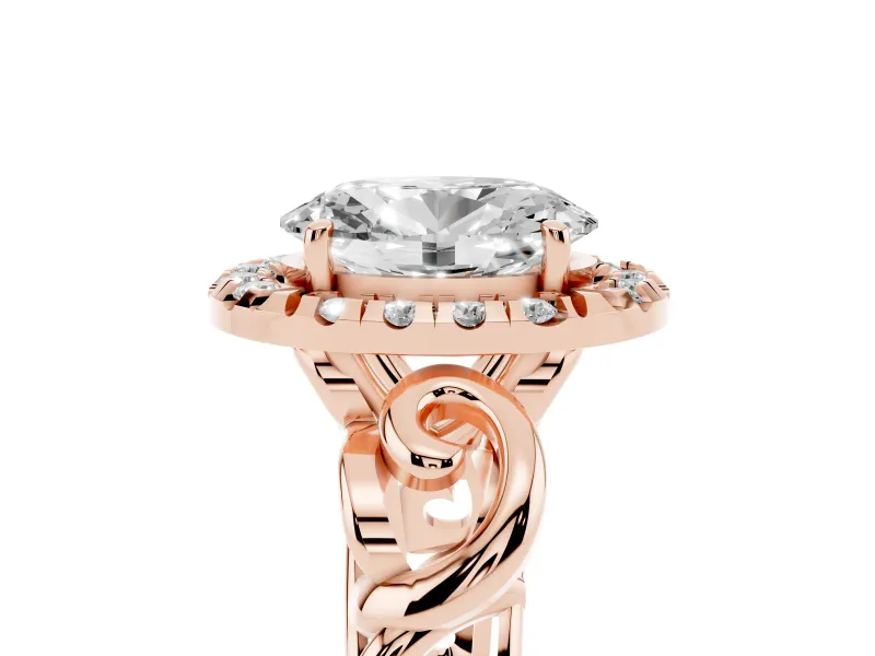 Oval Cut Diamond Halo Ring Set in Rose gold with Scrollwork Band and Prong Setting