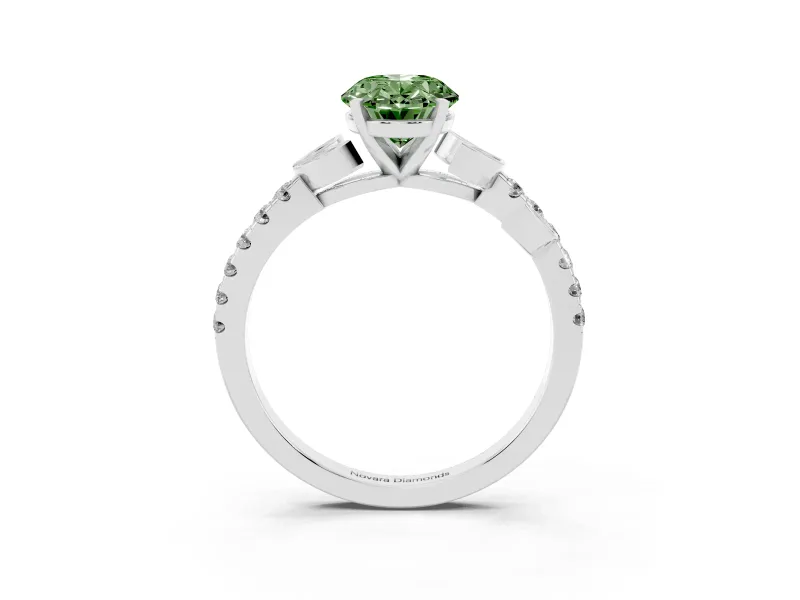 Fancy Green Oval Cut Diamond Solitaire Leaf-Inspired Ring Set in Platinum with Pavé Band and Prong Setting