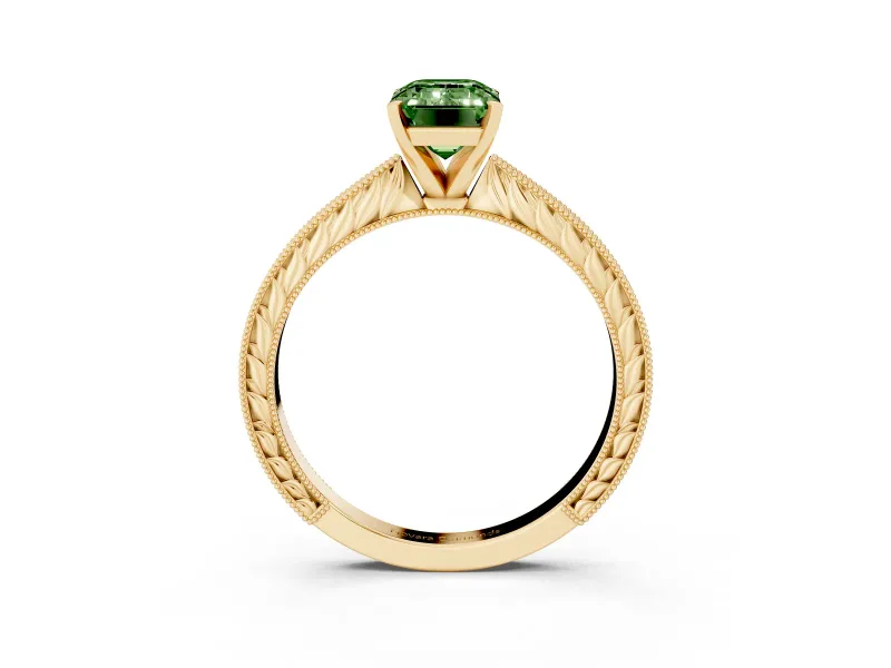 Fancy Green Emerald Cut Diamond Solitaire Milgrain Engraved Band Set in Yellow gold with Prong Setting