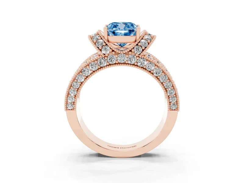 Cushion Cut Vintage Pave Engagement Ring Setting for a Fancy Blue Lab-Grown Diamond | Milgrain Edges | Rose Gold