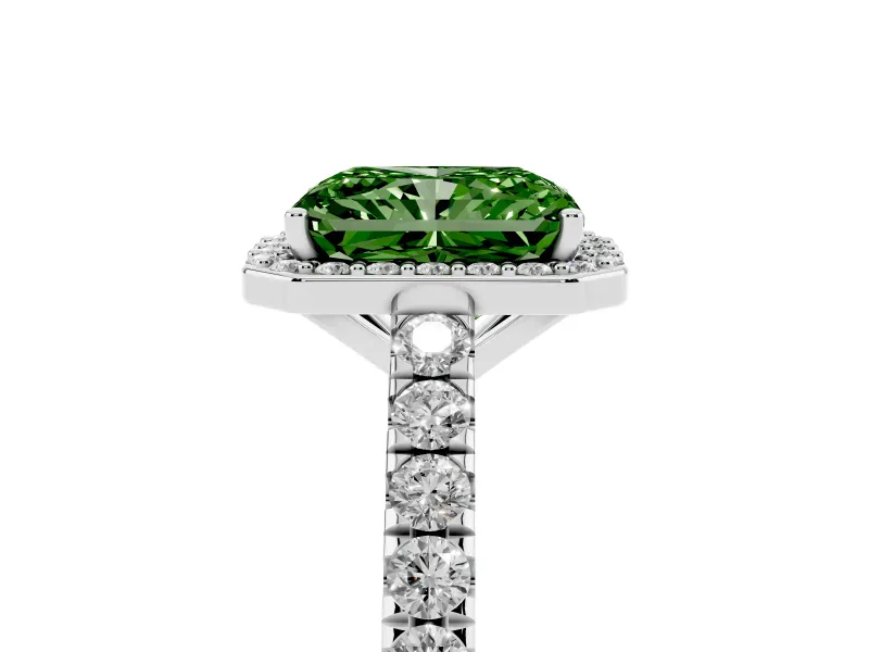 Fancy Green Radiant Cut Diamond Halo Engagement Ring Set in White gold with Pavé Band and Prong Setting