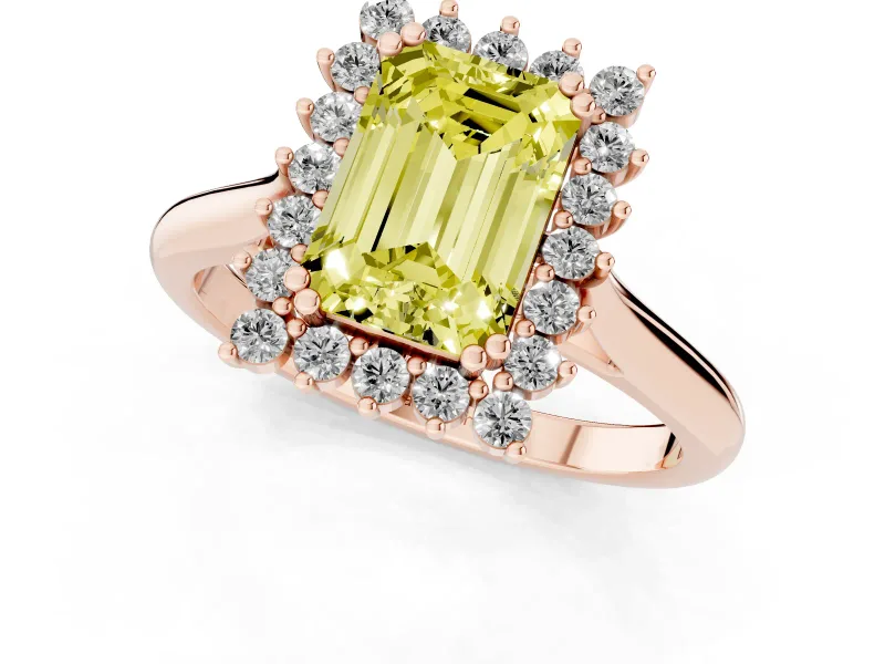 Emerald Cut Starburst Halo Engagement Ring Setting for a Fancy Yellow Lab-Grown Diamond | Rose Gold