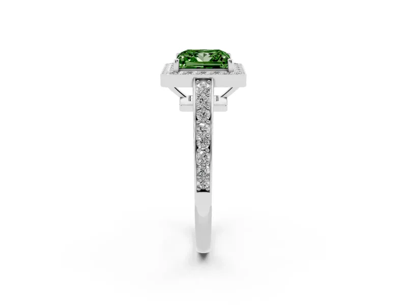 Fancy Green Princess Cut Diamond Halo Pavé Engagement Ring Set in White gold with Bezel Setting