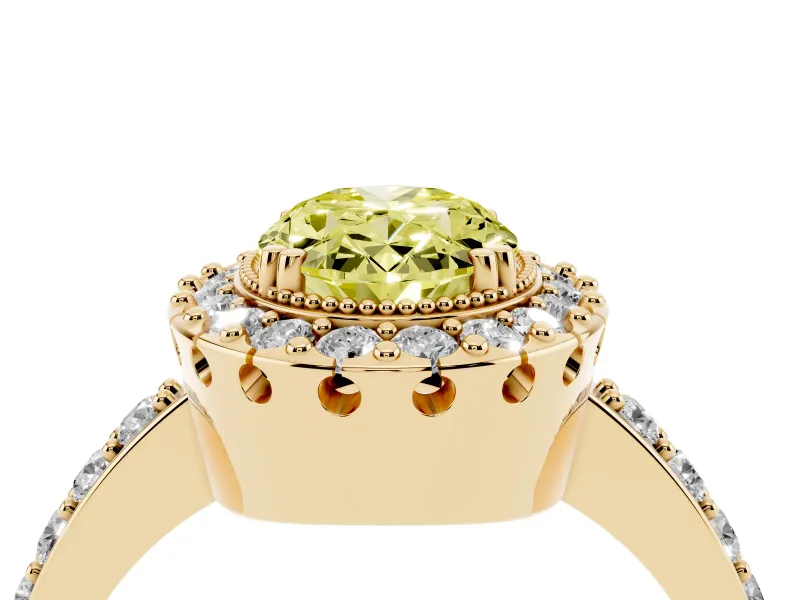 Fancy Yellow Oval Cut Diamond Halo Ring Set in Yellow gold with Pavé Shank and Prong Setting