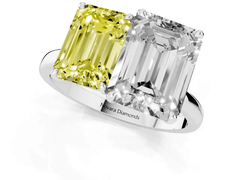 Fancy Yellow Emerald Cut and Emerald Cut Toi Moi Ring Set in White gold with Prong Setting