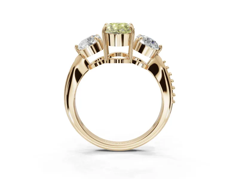 Oval Three Stone Engagement Ring Setting for a Fancy Yellow Lab-Grown Diamond | Tapered Pave Band | Yellow Gold