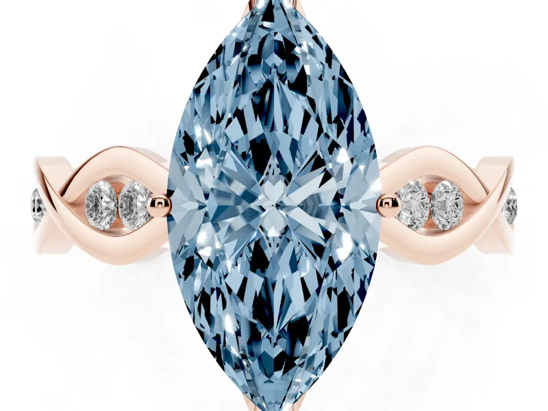 Fancy Blue Marquise Cut Diamond Twist Band Solitaire Ring Set in Rose gold with Leaf Prong Setting and Accent Stones