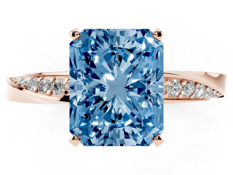 Fancy Blue Radiant Cut Diamond Engagement Ring Set in Rose gold with Side Stone Accents and Prong Setting