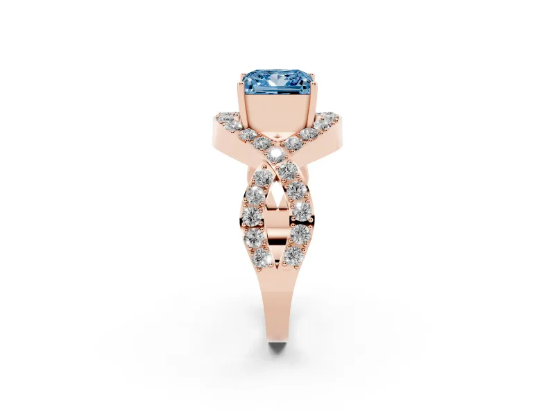 Fancy Blue Princess Cut Diamond Solitaire Twist Band Pavé Engagement Ring Set in Rose gold