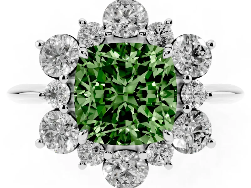 Cushion Cut Cluster Halo Engagement Ring Setting for a Fancy Green Lab-Grown Diamond | Platinum