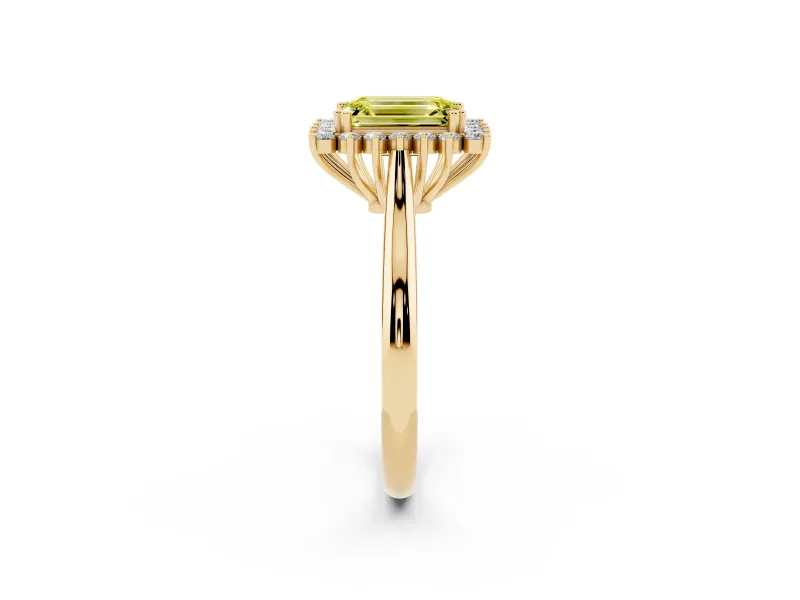 Fancy Yellow Emerald Cut Diamond Halo Ring Set in Yellow gold with Plain Solitaire Band and Prong Setting