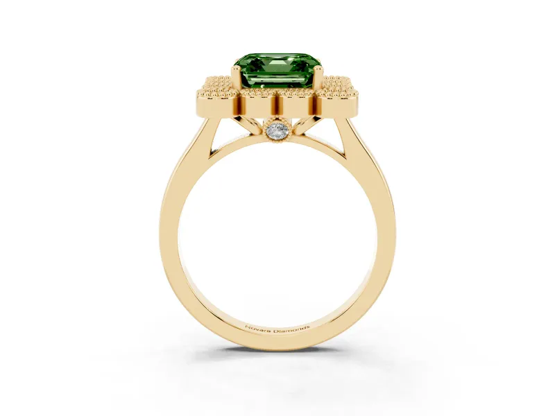 Asscher Cut Milgrain Cluster Halo Engagement Ring Setting for a Fancy Green Lab-Grown Diamond | Plain Band | Yellow Gold