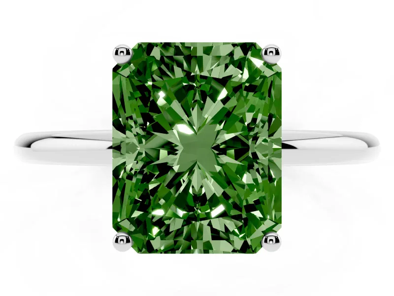 Fancy Green Radiant Cut Diamond Solitaire Engagement Ring Set in White gold with Thin Band and Prong Setting