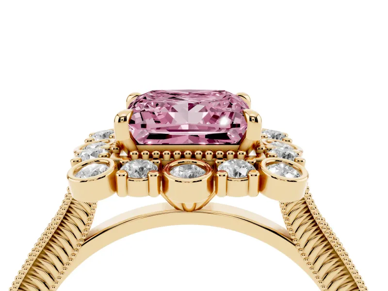 Princess Cut Scalloped Halo Engagement Ring Setting for a Fancy Pink Lab-Grown Diamond | Milgrain Edges | Yellow Gold