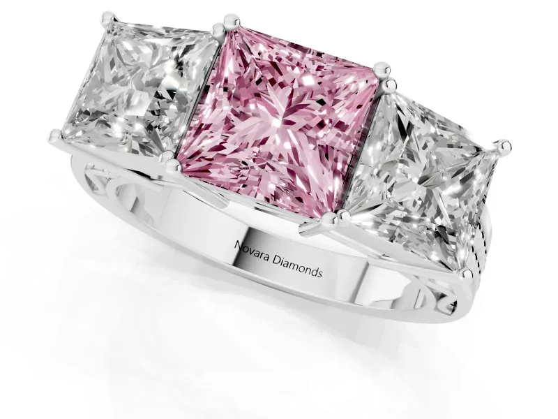 Princess Cut Three Stone Engagement Ring Setting for a Fancy Pink Lab-Grown Diamond | Beaded Shoulders | Platinum