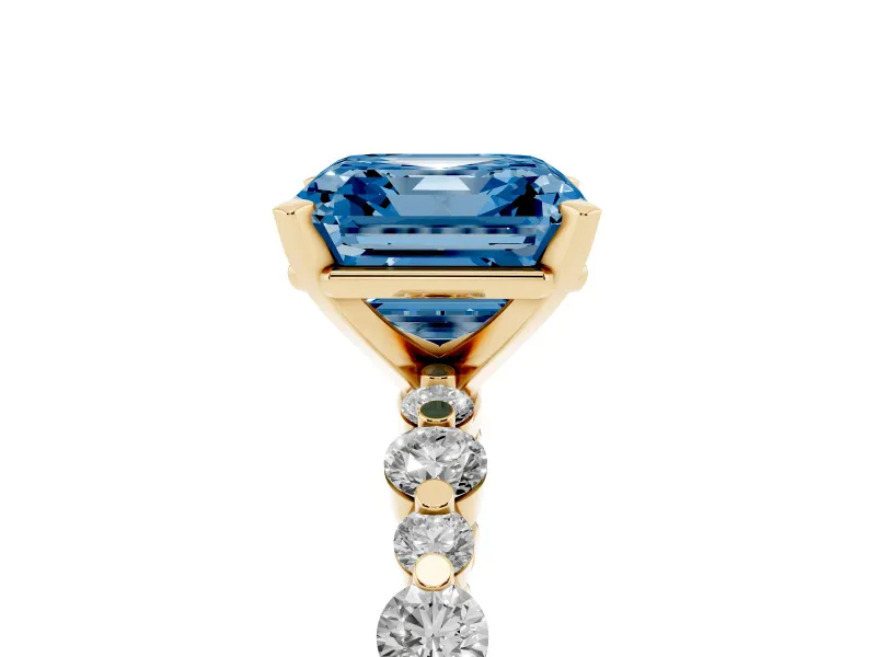 Fancy Blue Asscher Cut Diamond Prong Set Engagement Ring Set in Yellow gold with Round Accent Pavé Band