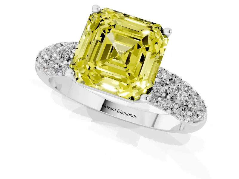 Asscher Cut Close Set Pave Engagement Ring Setting for a Fancy Yellow Lab-Grown Diamond | Multi Row | Sterling Silver