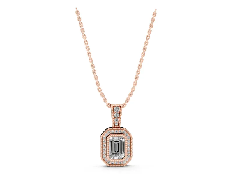 Emerald Cut Lab-Grown Diamond Pavé Halo Pendant Necklace | Graduated Pavé Bail | Rose Gold