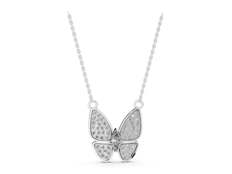 Marquise Lab-Grown Diamond Pavé Butterfly Pendant Necklace | Four Wings | White Gold