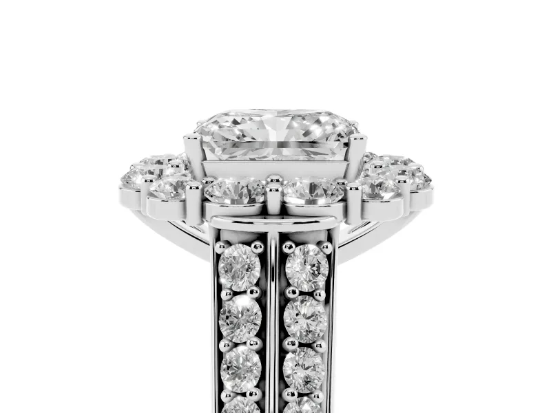 Radiant Cut Diamond Halo Engagement Ring Set in Platinum with Split Shank and Prong Setting