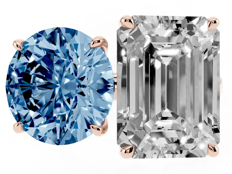 Fancy Blue Round Cut and Emerald Cut Toi Moi Ring Set in Rose gold with Prong Setting