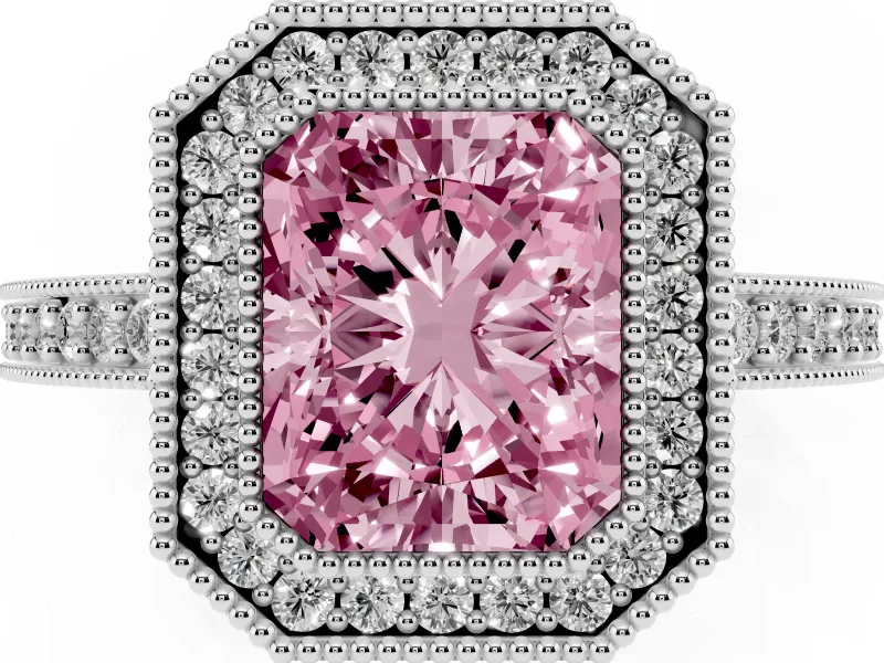 Fancy Pink Radiant Cut Diamond Halo Engagement Ring Set in White gold with Pavé Band and Round Halo Stones