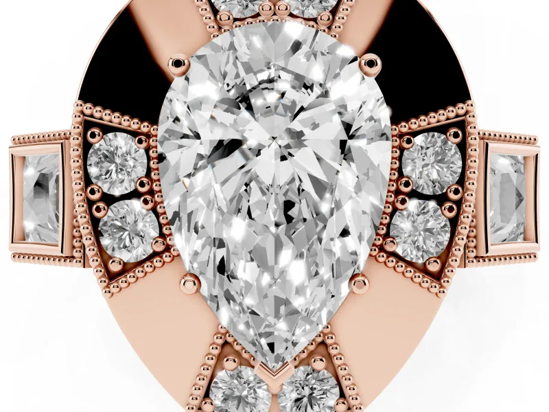 Pear Cut Diamond Milgrain Halo Ring Set in Rose gold with Split Shank