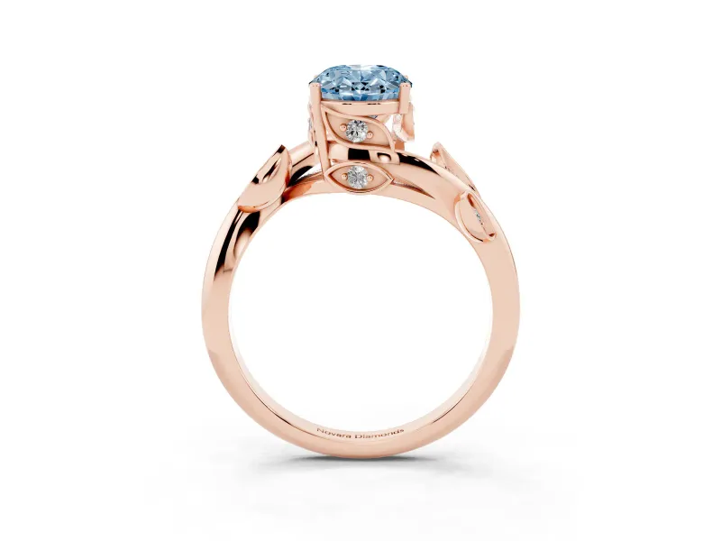 Fancy Blue Oval Cut Diamond Solitaire Twist Engagement Ring Set in Rose gold with Pavé Leaf Accents