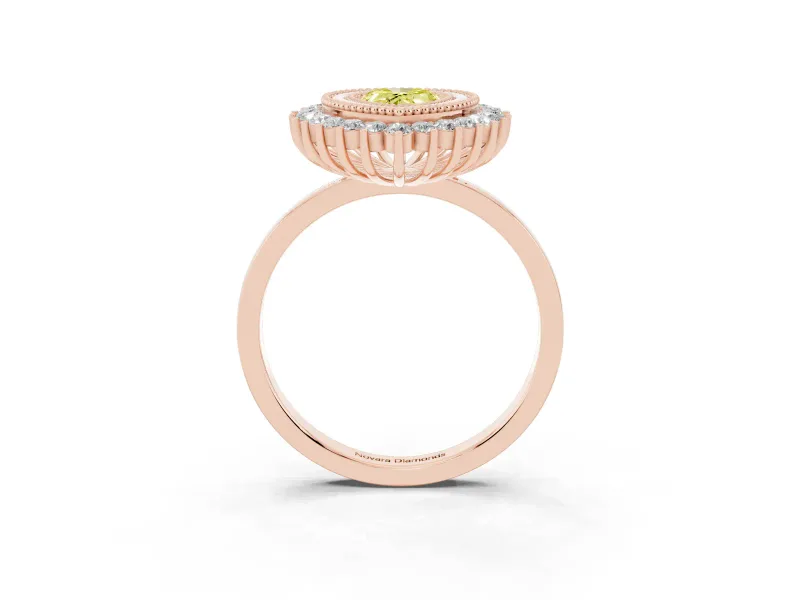 Fancy Yellow Pear Cut Diamond Halo Ring Set in Rose gold with Milgrain Edge and Round Prong Setting