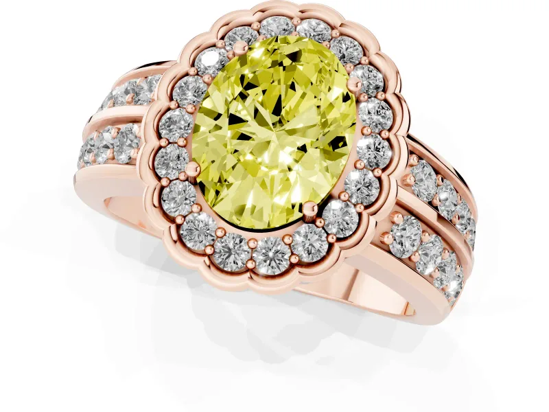 Fancy Yellow Oval Cut Diamond Scalloped Halo Ring Set in Rose gold with Pavé Split Shank