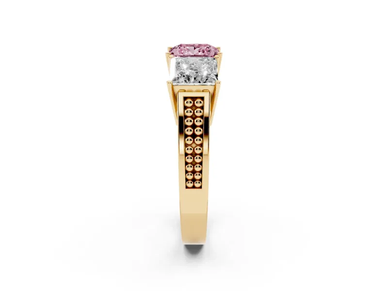 Princess Cut Three Stone Engagement Ring Setting for a Fancy Pink Lab-Grown Diamond | Beaded Shoulders | Yellow Gold