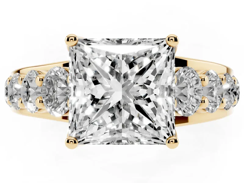 Princess Cut Graduated Side Stone Engagement Ring Setting | Shared Prong Rails | Yellow Gold