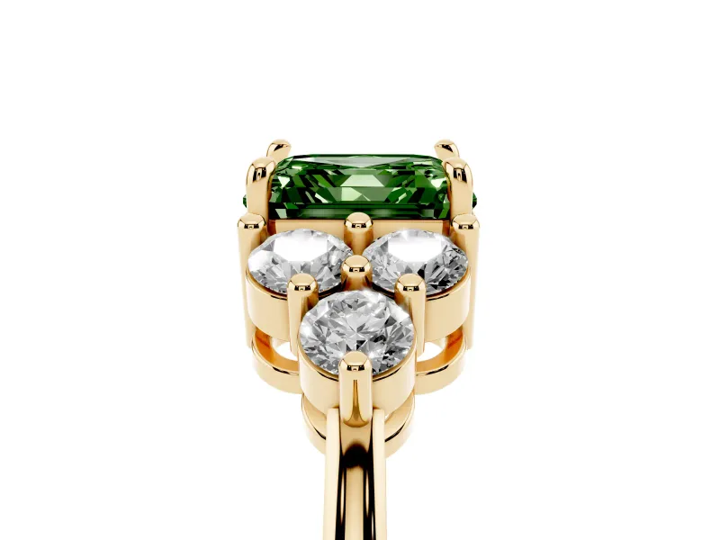 Fancy Green Asscher Cut Diamond Solitaire Ring Set in Yellow gold with Cluster Accents on Each Side