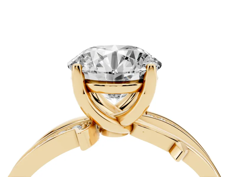 Round Cut Diamond Pavé Twist Band Solitaire Ring Set in Yellow gold with Prong Setting