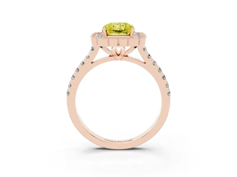 Fancy Yellow Radiant Cut Diamond Milgrain Floral Halo Engagement Ring Set in Rose gold with Pavé Band