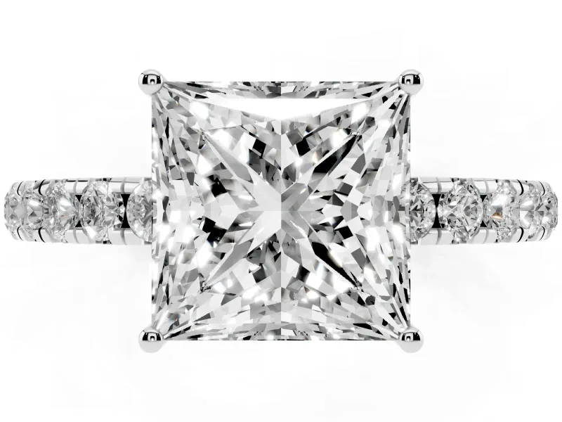 Princess Cut Pave Engagement Ring Setting | Shared Prong Band | White Gold