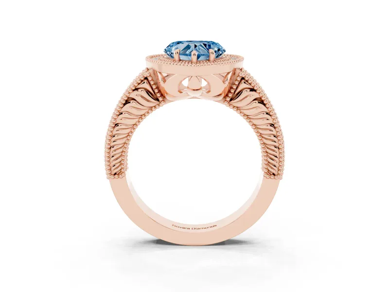 Fancy Blue Heart Cut Diamond Halo Ring Set in Rose gold with Round Accent Halo, Pavé Band and Prong Setting