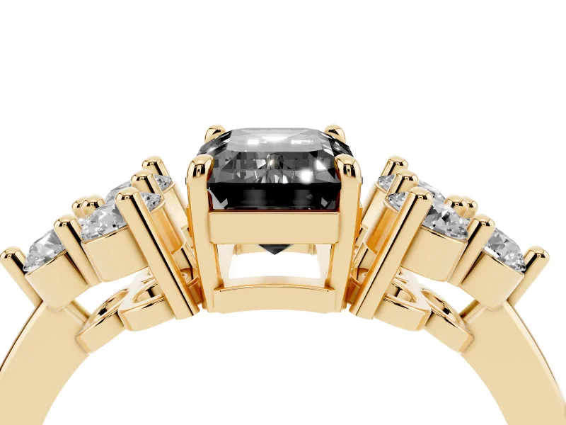 Fancy Black Emerald Cut Diamond Solitaire Ring Set in Yellow gold with Cluster Accents on Each Side