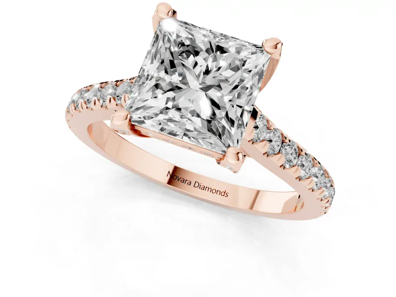 Princess Cut Hidden Halo Pave Engagement Ring Setting | Claw Prongs | Rose Gold