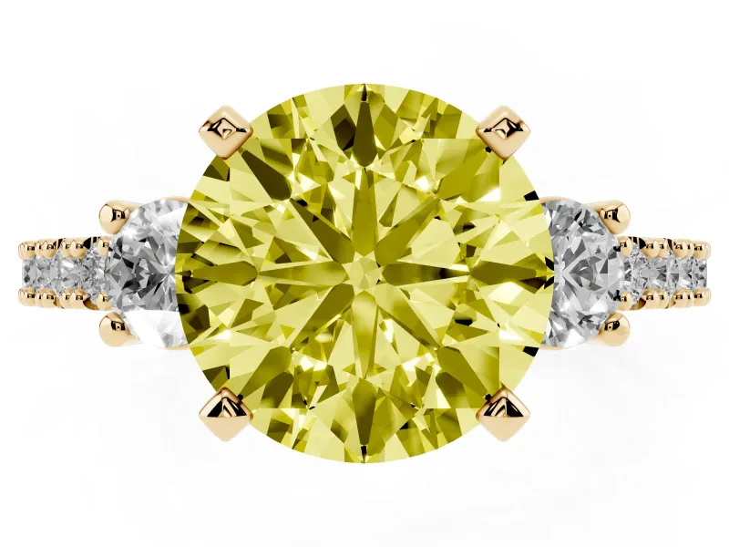 Fancy Yellow Three-Stone Round Cut Diamond Pavé Band Ring Set in Yellow gold with Prong Setting